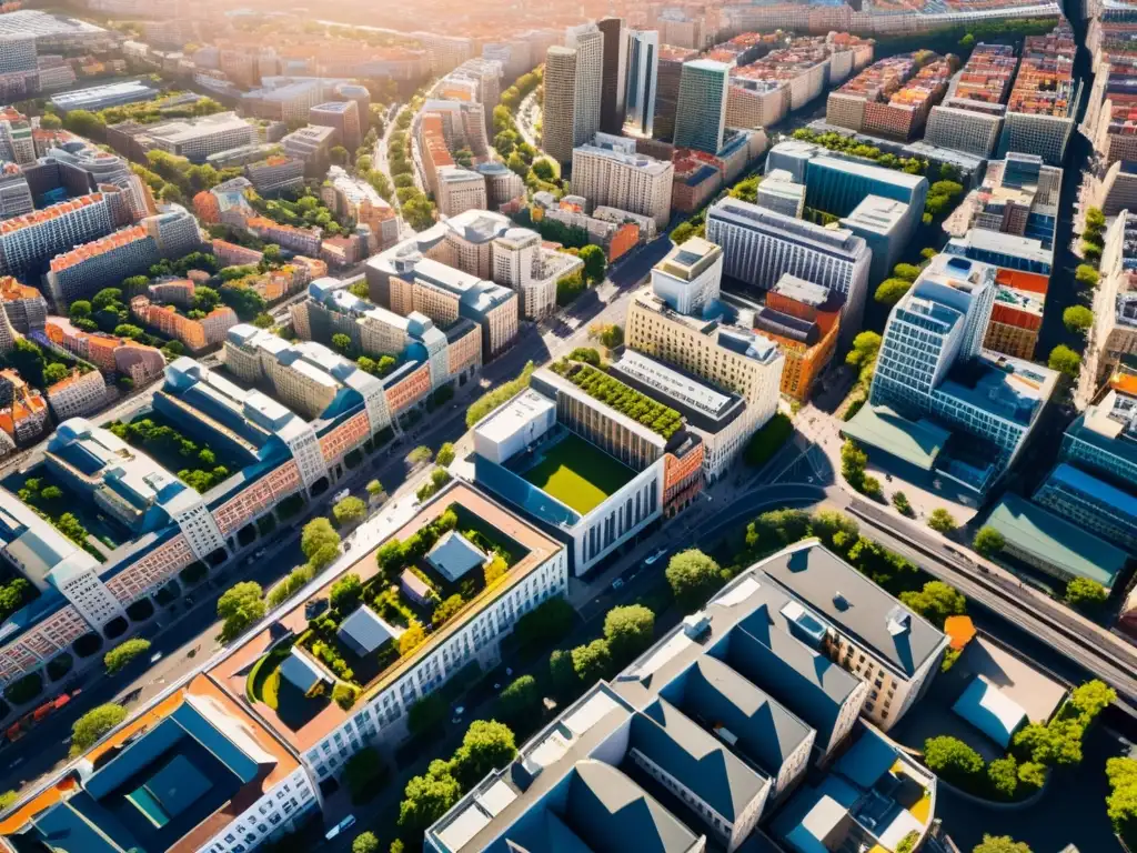 Vista aérea de una ciudad con mezcla de rascacielos modernos y edificios históricos, bañada por la luz del sol