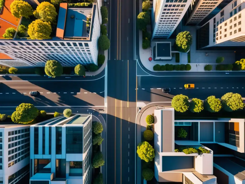 Vista aérea de una ciudad moderna al atardecer, resaltando la propiedad intelectual en fotografía de drones