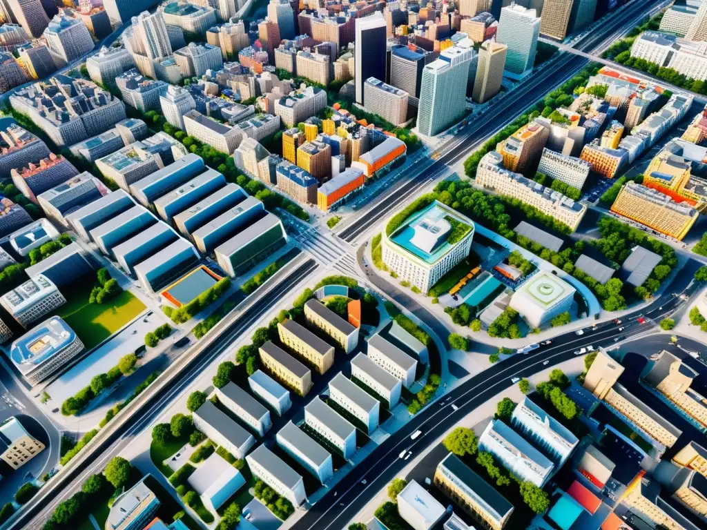 Vista aérea de ciudad con geolocalización de productos, resaltando la integración de estrategias de geolocalización en paisajes urbanos