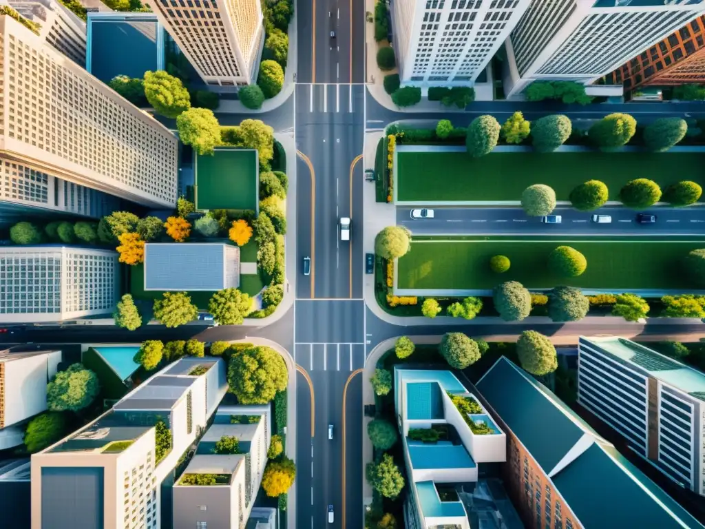 Vista aérea de una ciudad con rascacielos y detalles urbanos, resaltando la vida dinámica y los derechos de autor fotografía aérea