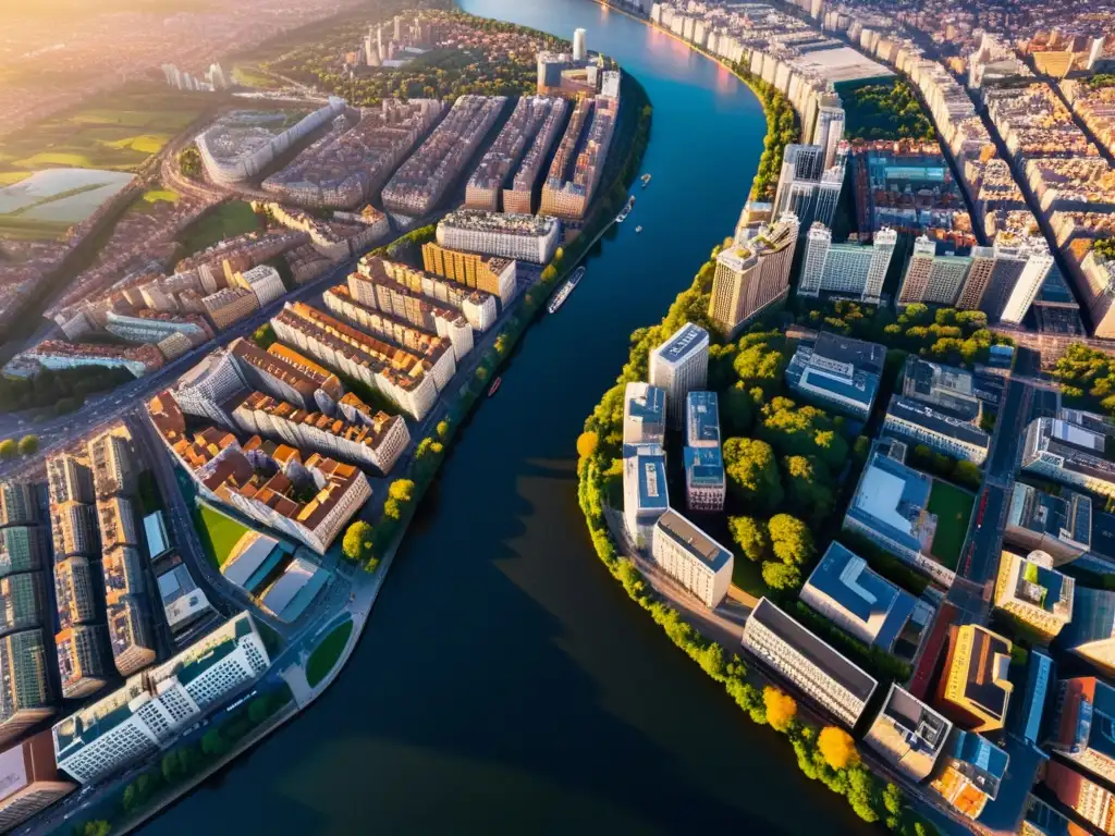 Vista aérea de una ciudad vibrante al atardecer, con juego de luces y sombras en el paisaje urbano