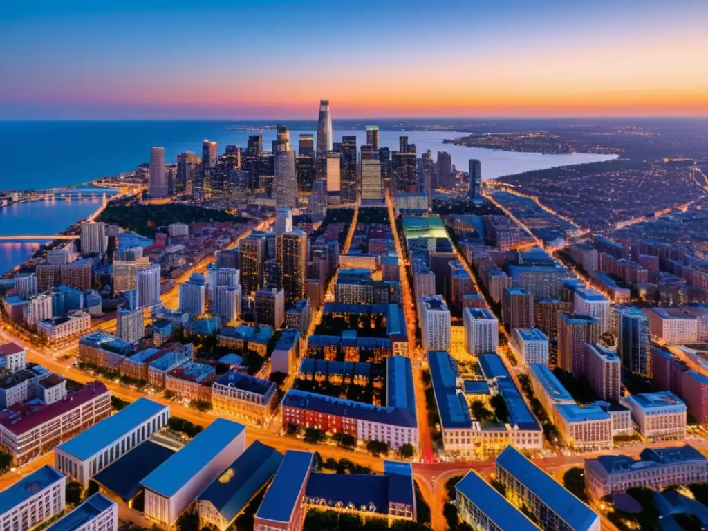 Vista aérea de una ciudad vibrante al atardecer, con un enredo de calles y edificios iluminados, creando un mosaico hipnótico de luz y color