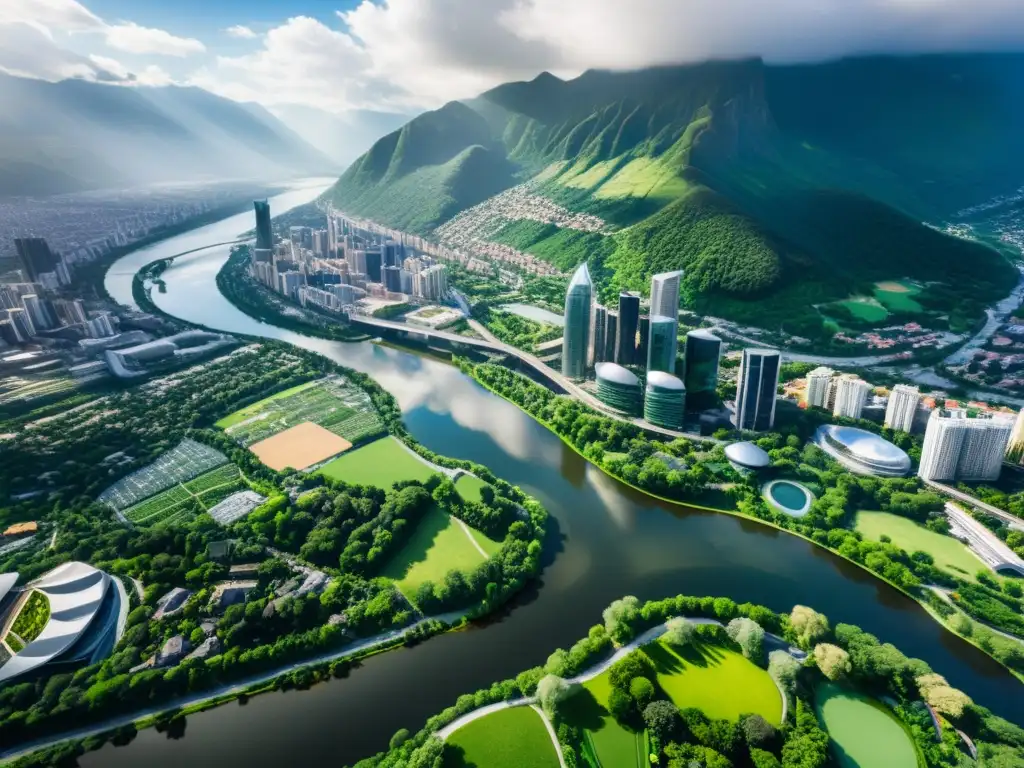 Vista aérea de una ciudad vibrante con rascacielos modernos, ríos serpenteantes y parques verdes