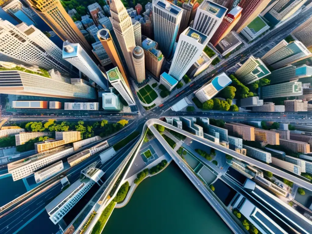 Vista aérea de una ciudad vibrante con paisajes urbanos e históricos, simbolizando la complejidad del registro de marca con componentes geográficos