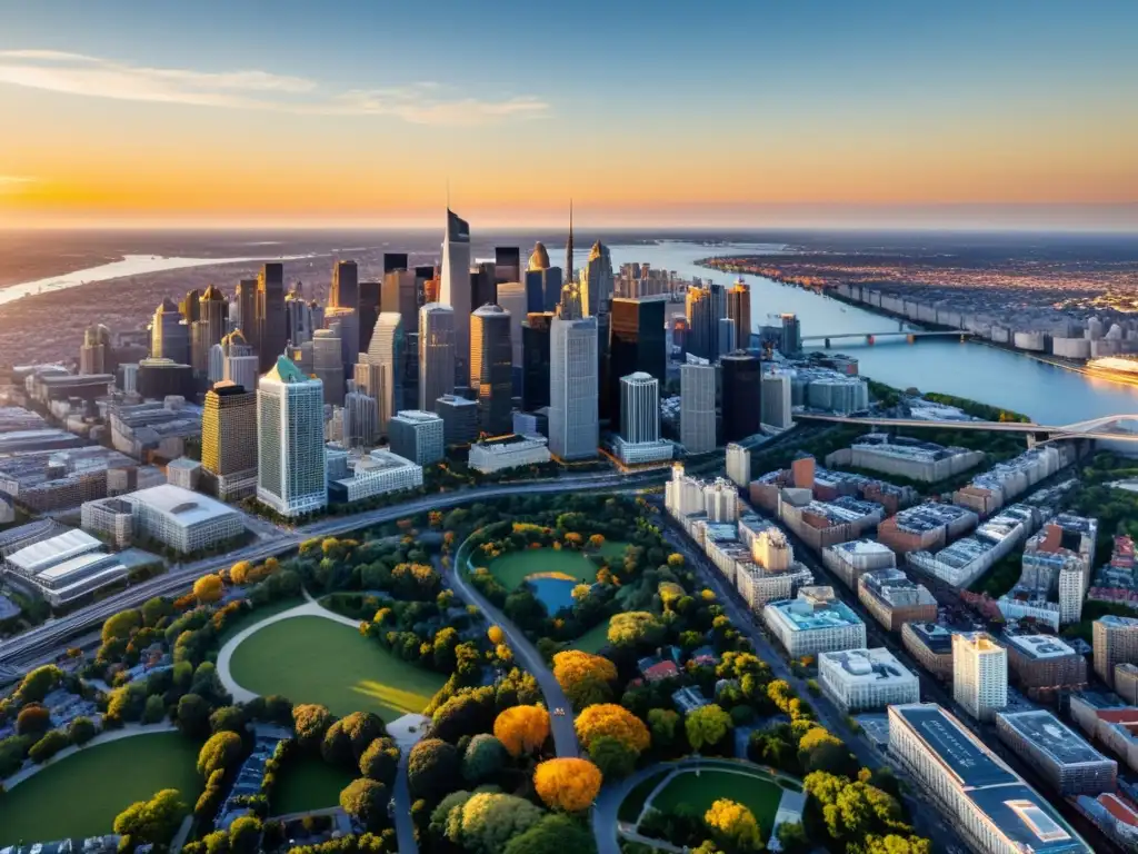 Vista aérea de ciudad vibrante al atardecer, con luz dorada sobre paisaje urbano