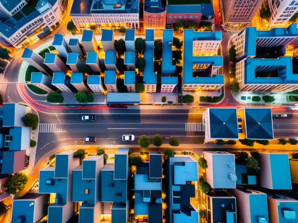 Vista aérea al anochecer de una ciudad vibrante con edificios iluminados y tráfico