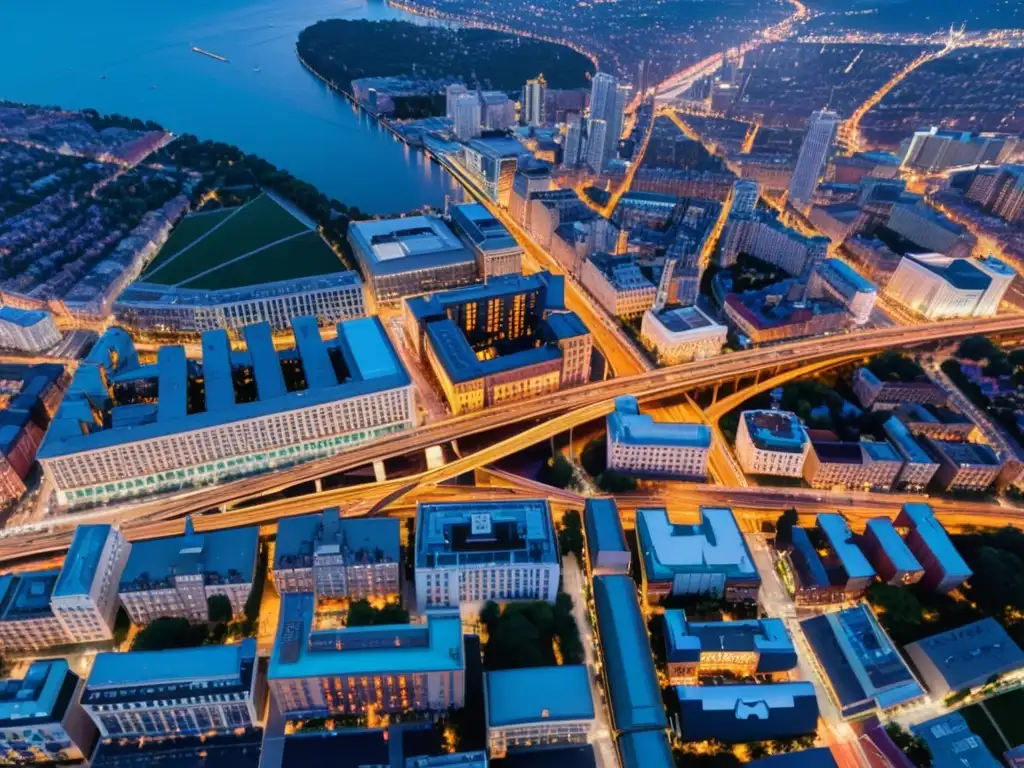 Vista aérea de una ciudad vibrante iluminada al anochecer, con una red de calles, edificios y puentes iluminados