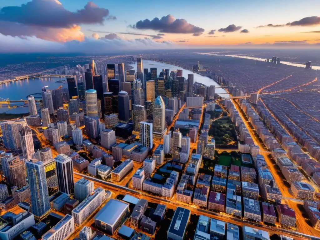 Vista aérea de una ciudad vibrante al atardecer, con rascacielos, luces y nubes suaves