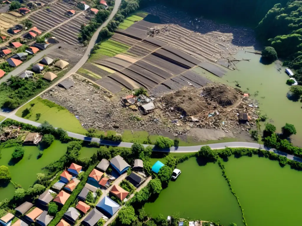 Desastre natural: Impacto devastador y respuesta humanitaria Vista aérea detallada de área desastre tras cataclismo, resaltando la devastación y la ética del reportaje en desastres