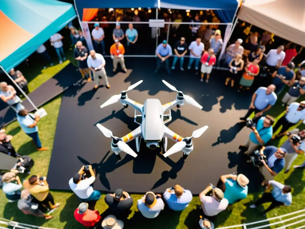 Vista aérea de un dron grabando un evento al aire libre, con colores vibrantes y multitud diversa