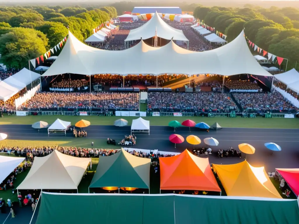 Vista aérea de un evento al aire libre con multitud diversa, carpas coloridas y escenario