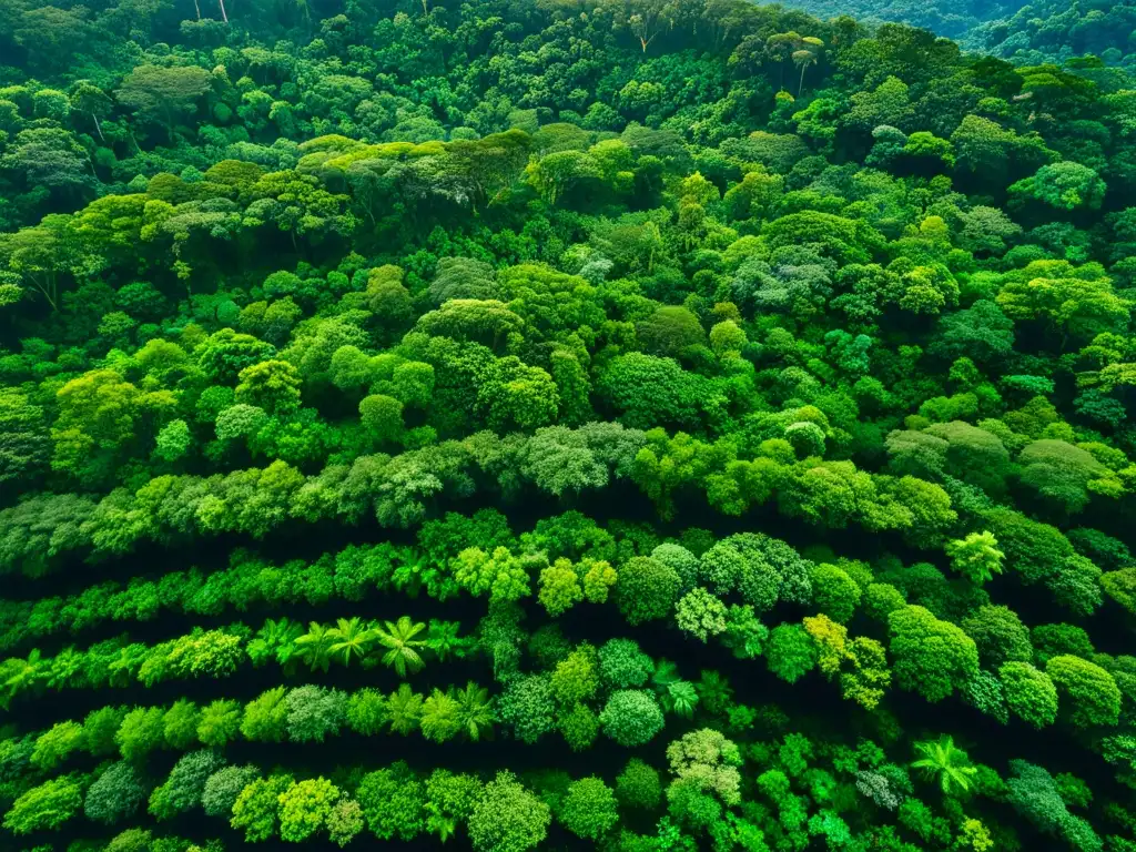 Vista aérea de un exuberante dosel de selva tropical, con una diversidad de especies vegetales creando un impresionante tapiz de verdor