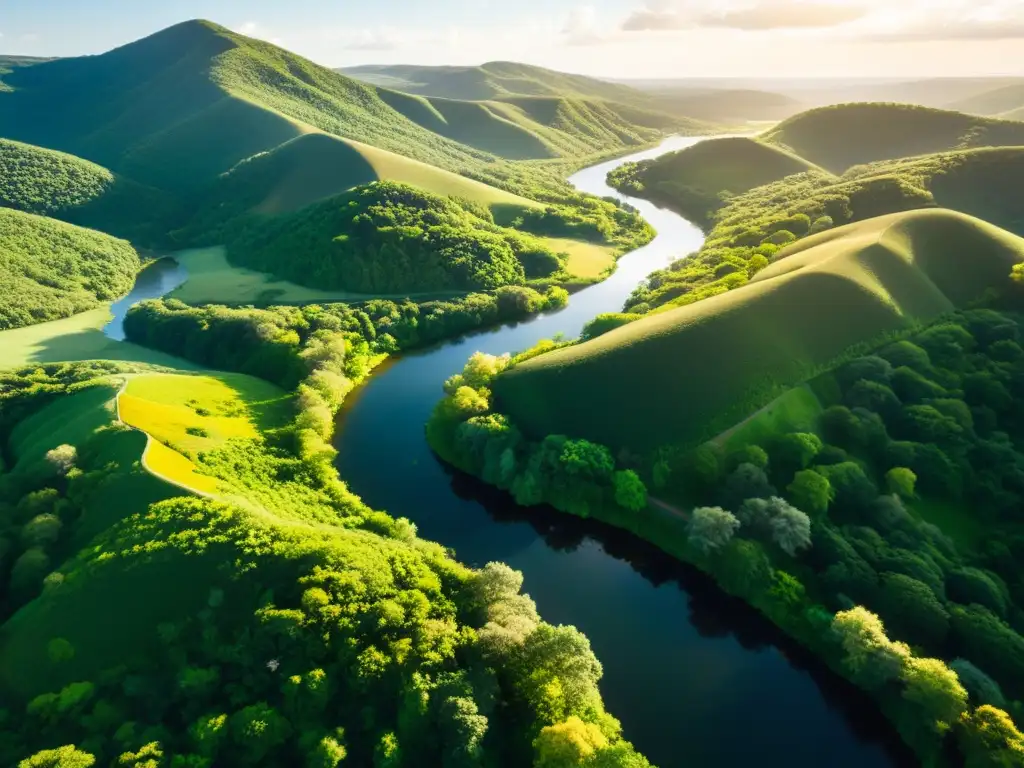 Vista aérea de un exuberante paisaje con colinas, flora diversa y un río cristalino