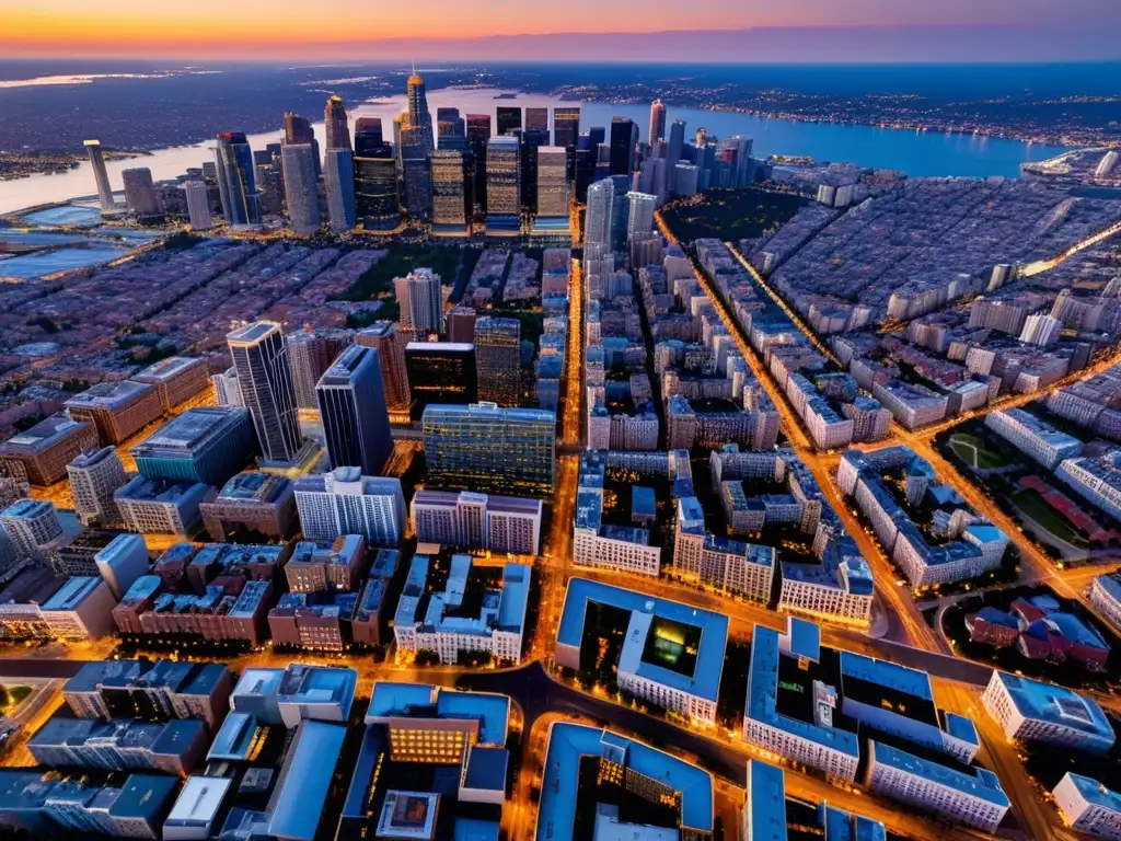 Vista aérea fascinante de la ciudad al atardecer, con luces doradas y edificios imponentes