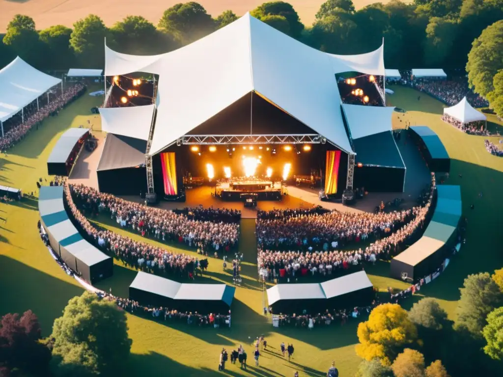 Vista aérea de un festival de música capturado por un dron, con público animado, luces de escenario coloridas y paisaje escénico