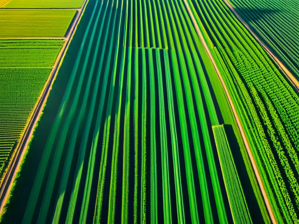 Vista aérea de granja agrotecnológica con cultivos verdes y maquinaria moderna, destacando la innovación y la propiedad intelectual en agrotecnología