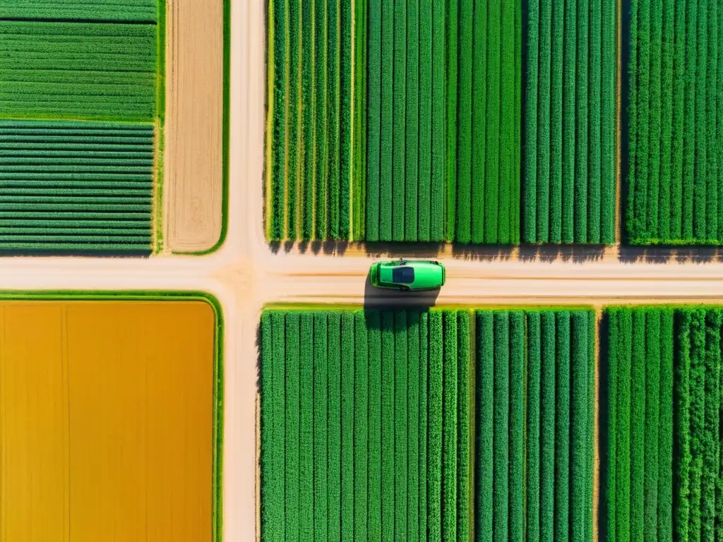 Vista aérea de una granja de agricultura de precisión con cultivos meticulosamente plantados y maquinaria de alta tecnología