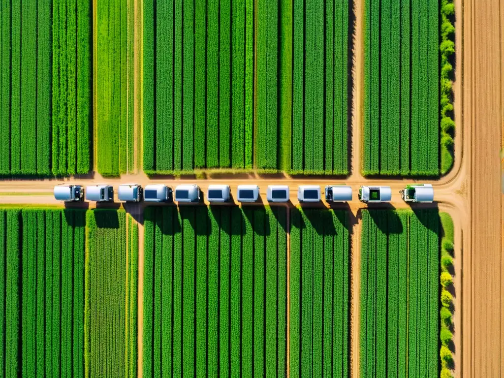 Vista aérea de una granja moderna con robots agrícolas de alta tecnología trabajando en perfecta sincronía