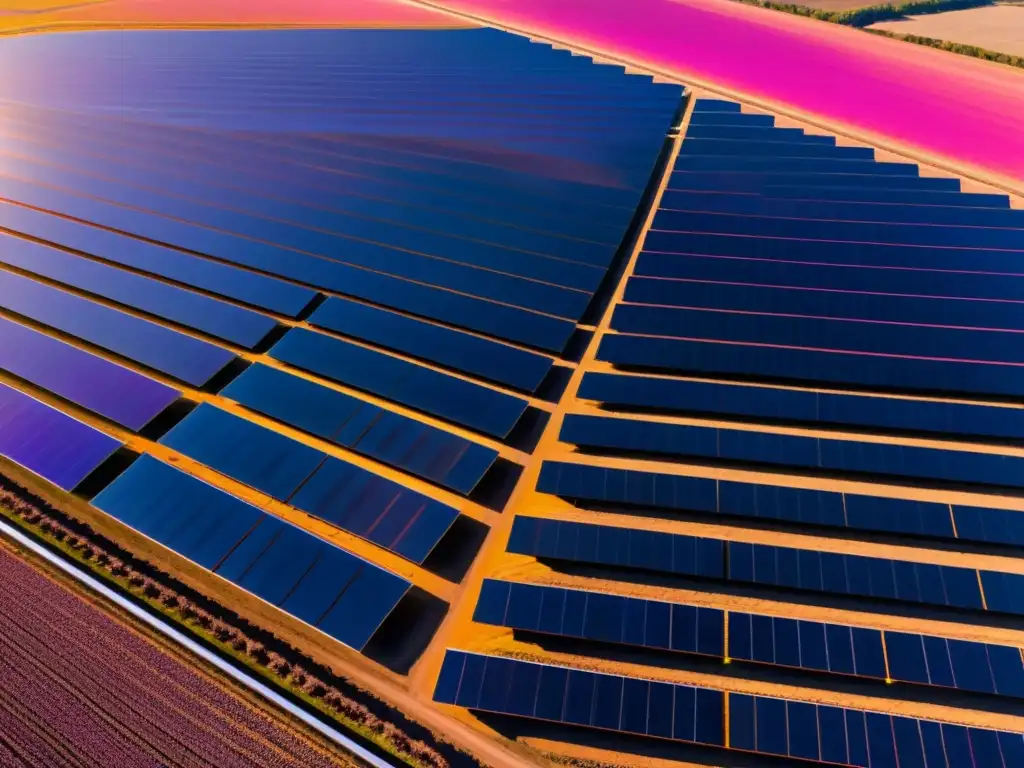 Vista aérea de una granja solar al atardecer, con paneles solares y sombras alargadas