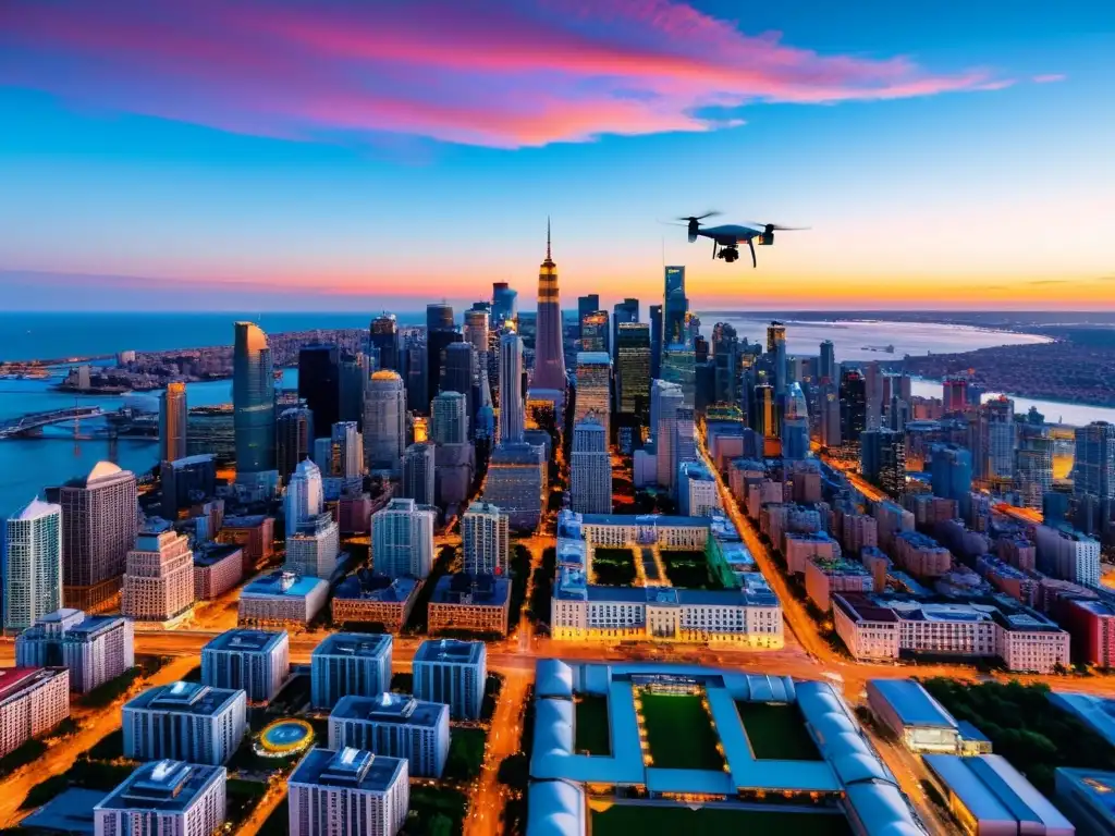 Vista aérea impactante de la ciudad al anochecer, con un dron capturando luces vibrantes y un atardecer colorido en la distancia
