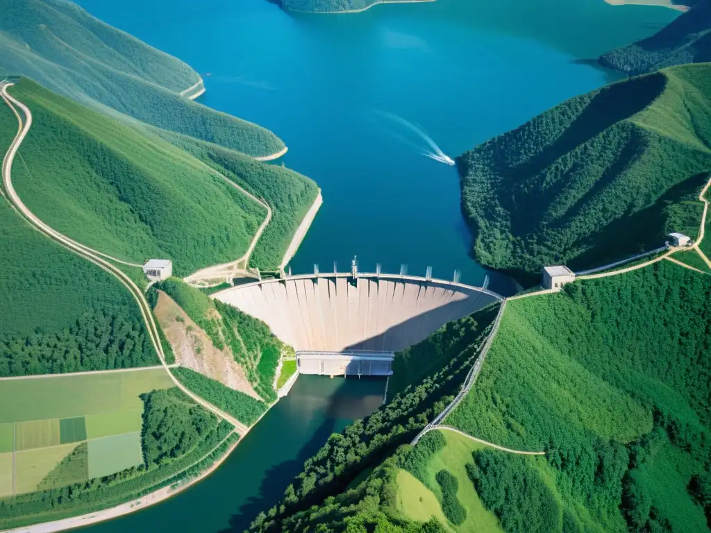 Vista aérea de una imponente presa hidroeléctrica entre montañas verdes, rodeada de aguas tranquilas y cielo azul