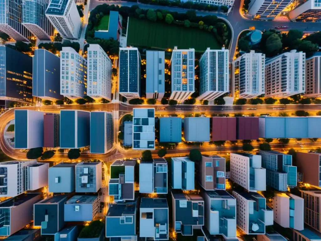 Vista aérea impresionante de la ciudad al atardecer, con luces iluminando edificios y calles