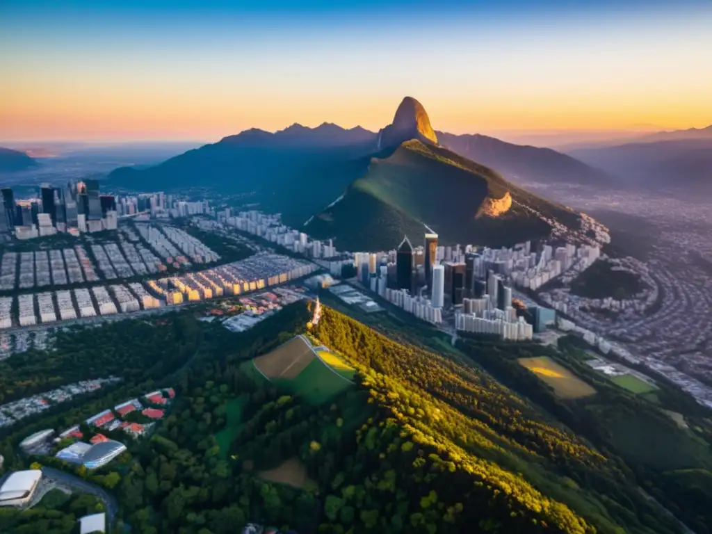 Vista aérea impresionante de una ciudad al atardecer, con luz dorada cálida iluminando rascacielos y edificios, rodeada de naturaleza exuberante y montañas al fondo