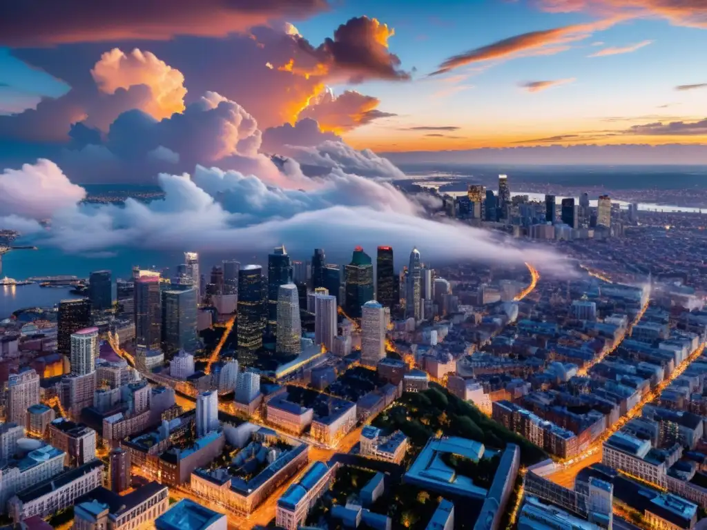 Vista aérea impresionante de la ciudad al anochecer, con luces brillantes y nubes vibrantes