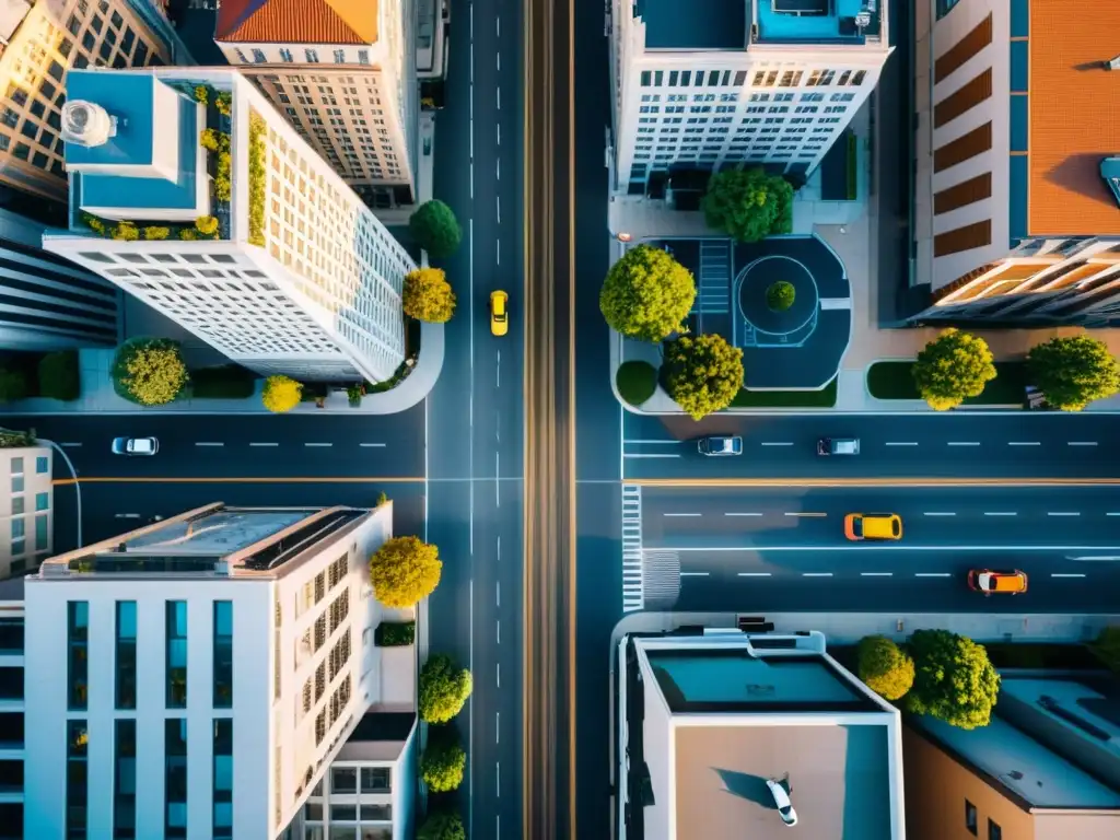 Vista aérea impresionante de una ciudad capturada por un dron, destacando la arquitectura urbana y los patrones de calles y edificios
