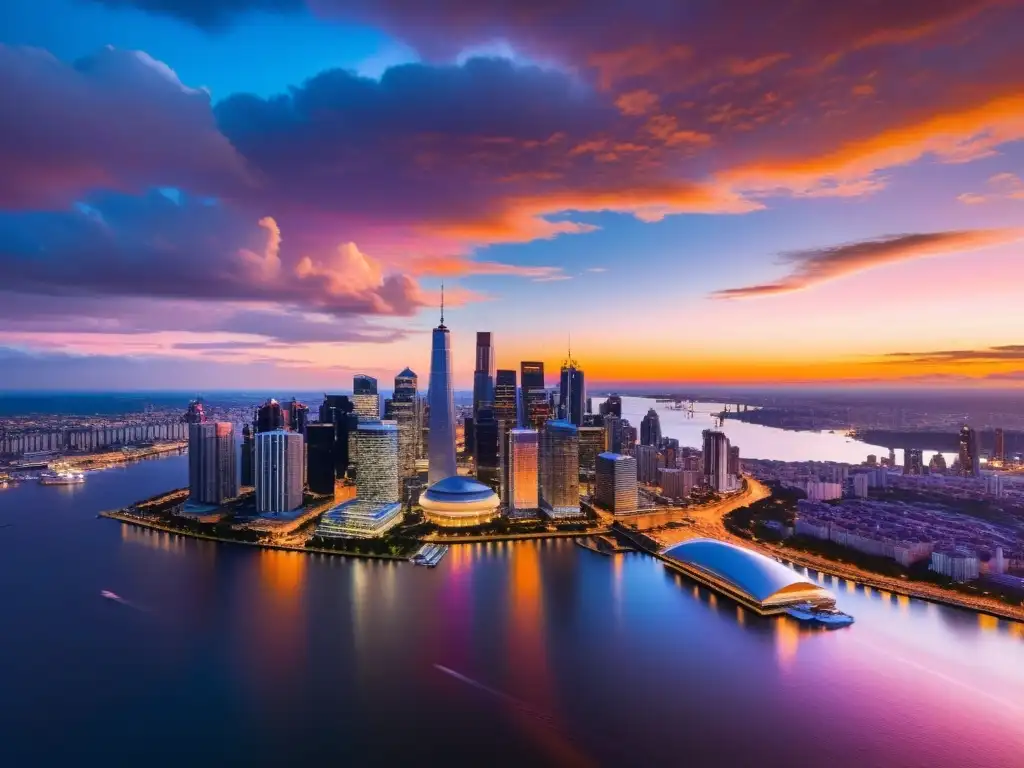 Vista aérea impresionante de la ciudad moderna al atardecer, con rascacielos reflejando tonos cálidos del cielo