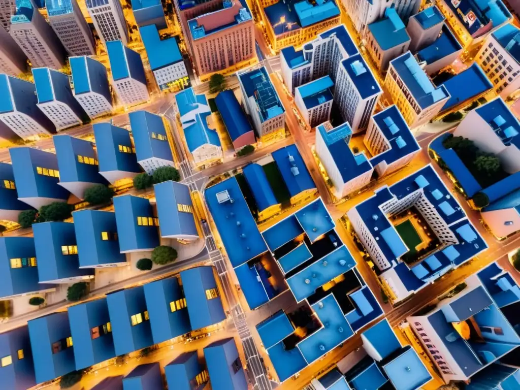 Vista aérea impresionante de una ciudad atardeciendo