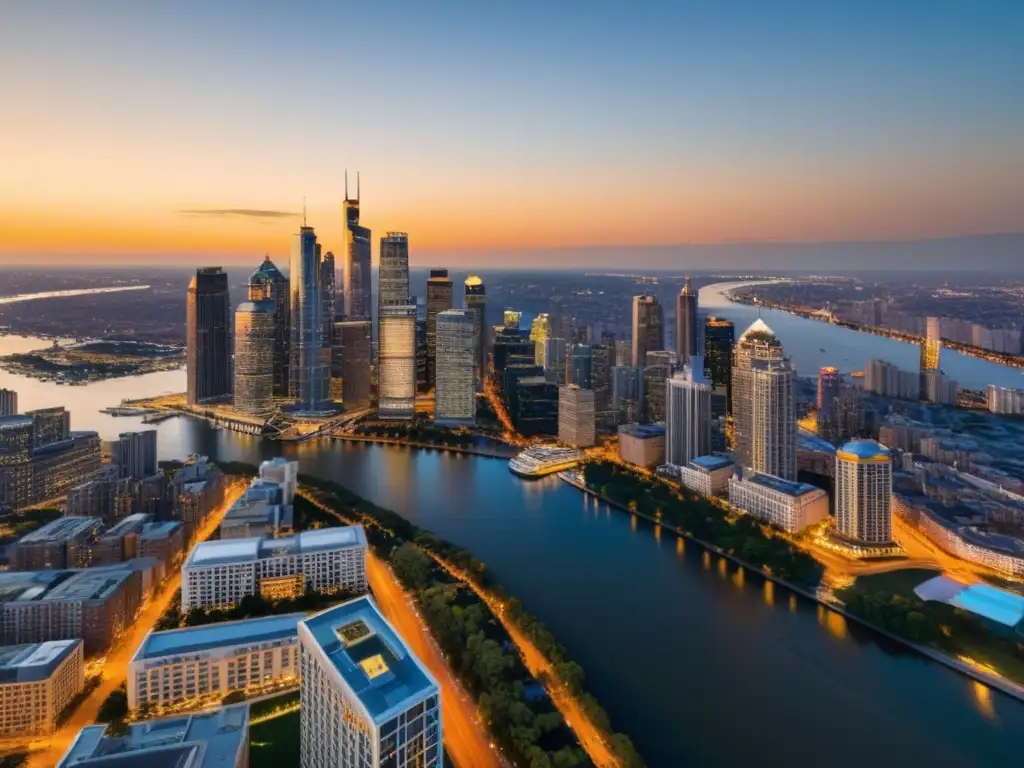 Vista aérea impresionante de la ciudad al anochecer, reflejándose en el río