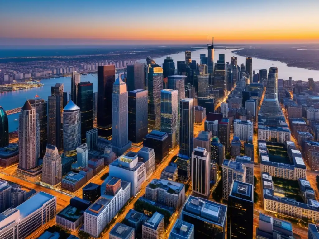 Vista aérea impresionante de una ciudad al atardecer, con la luz cálida del sol creando largas sombras dramáticas