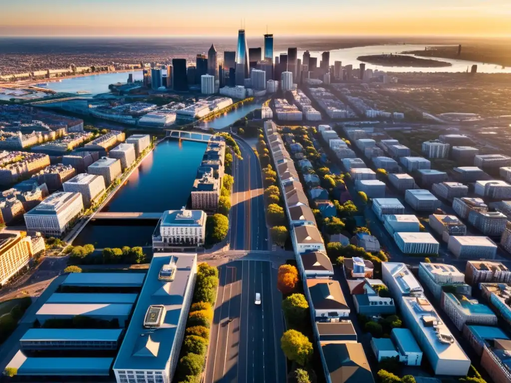 Vista aérea impresionante de una ciudad al amanecer con edificios, carreteras y agua