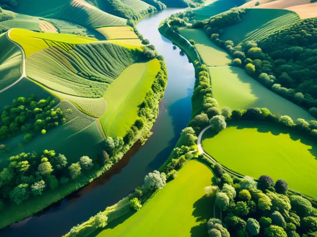 Vista aérea impresionante de colinas verdes, río serpenteante, capturada desde un dron
