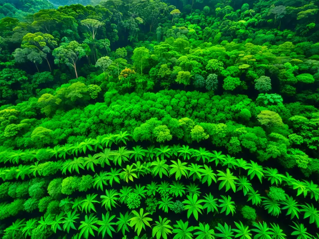 Vista aérea impresionante de un exuberante bosque lluvioso, con una diversa variedad de árboles y plantas