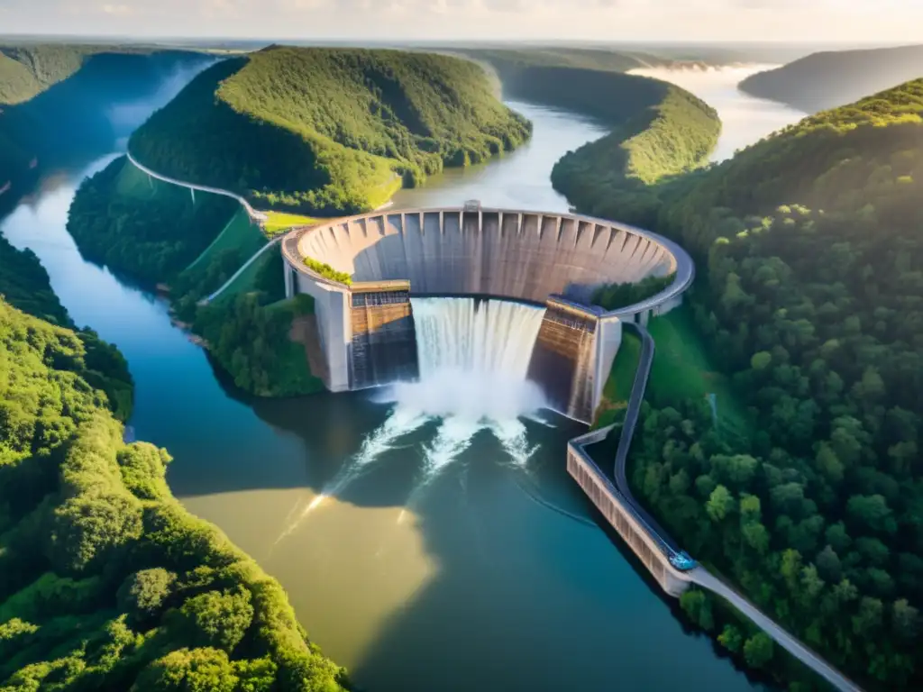 Vista aérea impresionante de una gran presa hidroeléctrica rodeada de exuberantes bosques verdes y un río sinuoso