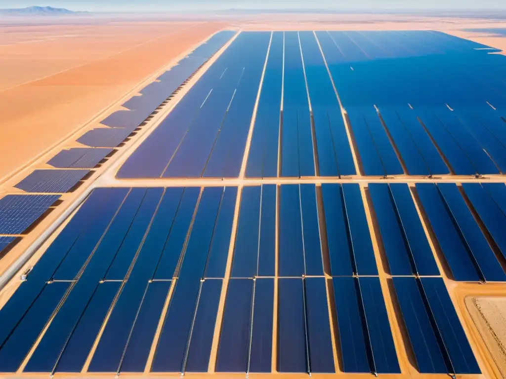 Vista aérea impresionante de granja solar en el desierto, con paneles relucientes y parque eólico al fondo