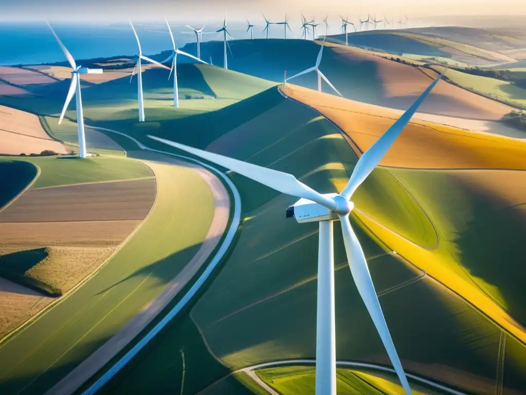 Vista aérea de un impresionante parque eólico con tecnología innovadora, capturando la dinámica de las turbinas en un paisaje soleado