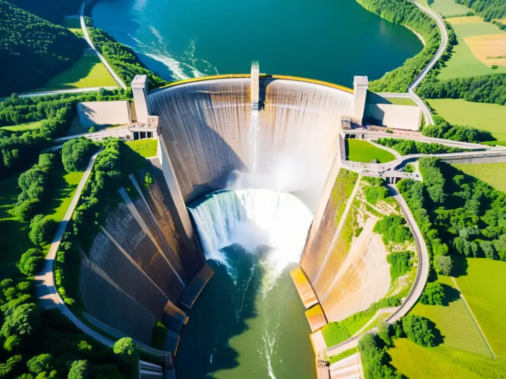 Vista aérea impresionante de una presa hidroeléctrica entre montañas verdes exuberantes