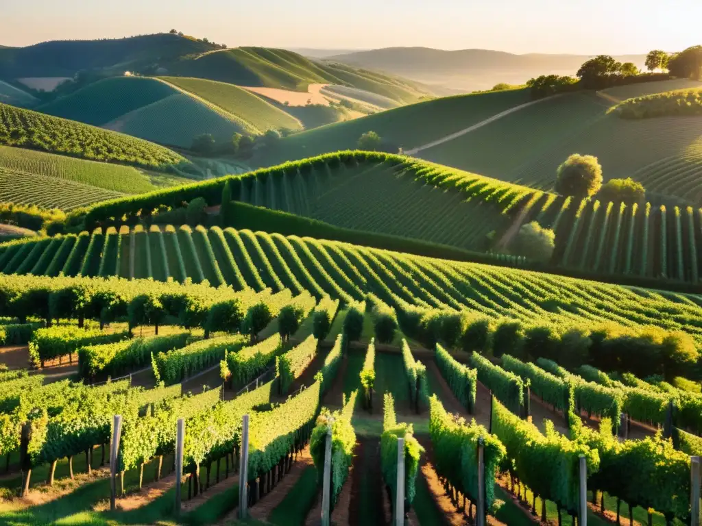 Vista aérea impresionante de viñedos verdes con el sol poniéndose, protección marcas globales indicaciones geográficas