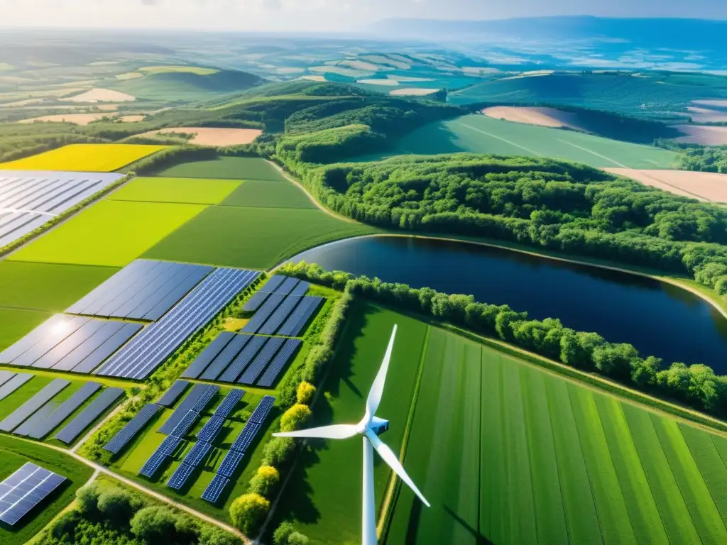 Vista aérea de paisaje verde con turbinas eólicas y paneles solares, simbolizando el impacto de patentes en la economía verde