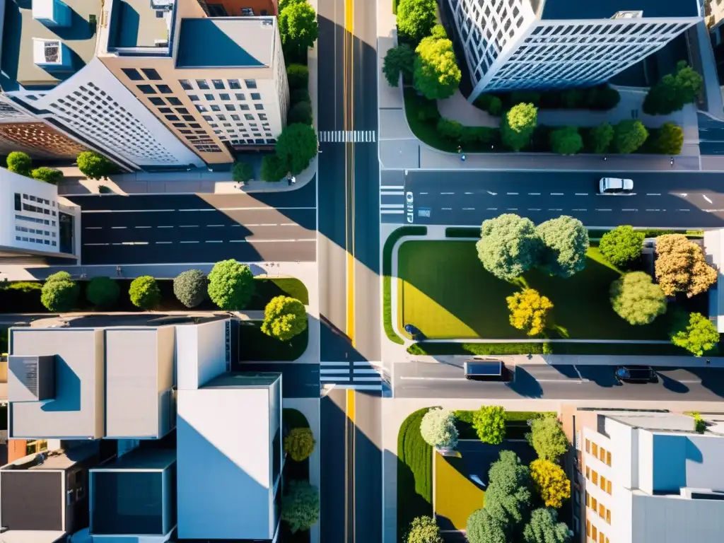 Vista aérea de la regulación de derechos de autor en fotografía con drones, mostrando la vida urbana, rascacielos y arte callejero vibrante