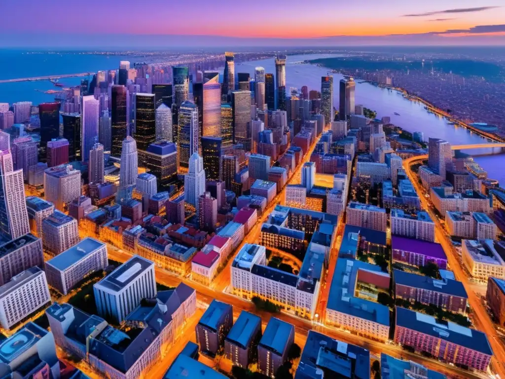 Vista aérea de una vibrante ciudad al atardecer, con luces cálidas iluminando el paisaje urbano