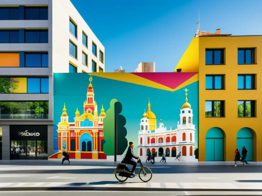 Madrid: Energía y Arte Urbano Vista de la bulliciosa calle de Madrid con arquitectura moderna y arte callejero vibrante, reflejando la atmósfera dinámica y cosmopolita de la ciudad