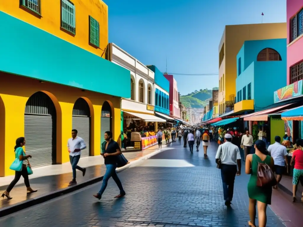 Vista de una bulliciosa calle en una metrópoli latinoamericana, con edificios modernos y arte callejero vibrante en las paredes