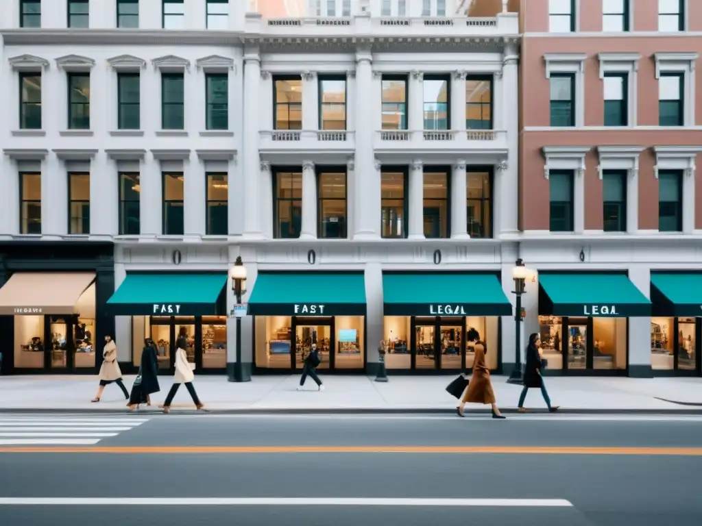 Vista de una calle con tiendas de moda rápida y un edificio legal, ilustrando la legislación de marcas en la moda urbana