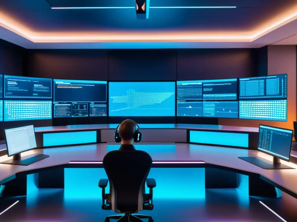Vista 8k de centro de ciberseguridad futurista, monitores modernos, equipo colaborativo, tecnología avanzada y ambiente innovador