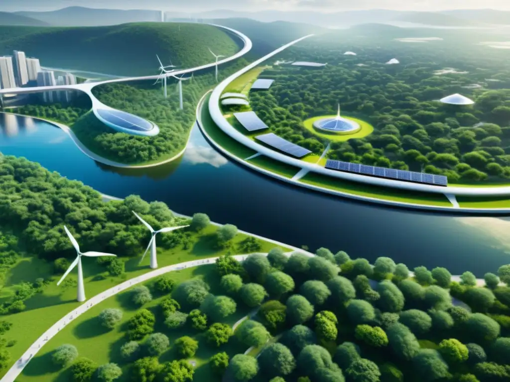 Metrópolis sostenible del futuro: patentes y medio ambiente Vista cercana de una ciudad futurista sostenible con rascacielos verdes, paneles solares, turbinas eólicas y transporte público eficiente