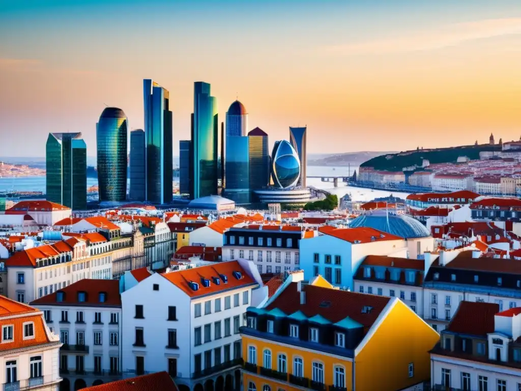 Vista de una ciudad europea moderna, con rascacielos y actividad comercial, reflejando el impacto del Tratado de Lisboa en el comercio internacional